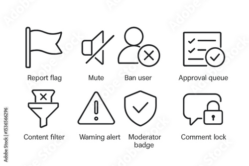 Moderation Tools Icons. Line style icons of moderation tools: report flag, mute icon, ban user, approval queue, content filter,