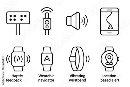 Urban Navigation Icons. Line style icons of urban navigation for visually impaired: Braille street sign, smart crosswalk pole,