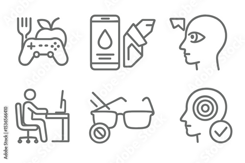 Esports Training Essentials. Line style icons of esports training: nutrition for gamers, hydration tracker, energy snack icon, eye
