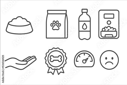 Virtual Pet Icons. Line style icons of virtual pet care: feeding bowl icon, pet food bag, water bottle, digital treat dispenser.