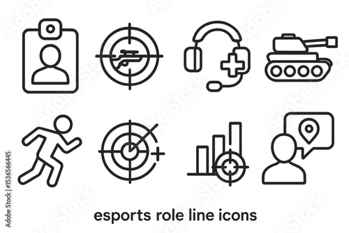 Esports Role Icons. Line style icons of esports training: player role tag, sniper badge icon, support gear symbol, tank role icon.