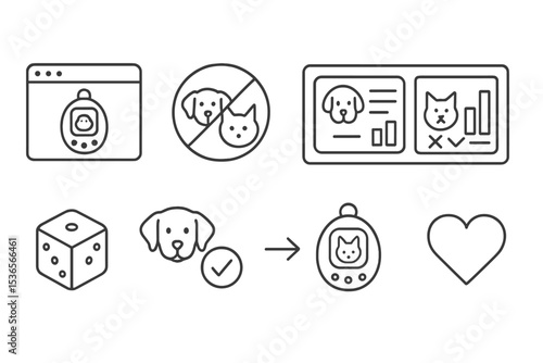 Virtual Pet Icons. Line style icons of virtual pet care: virtual pet adoption center, breed selector icon, species info chart,