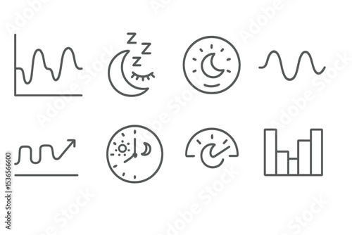 Sleep Health Icons. Line style icons of sleep and health: sleep cycle chart, REM phase icon, deep sleep badge, light sleep wave.