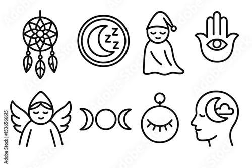 Sleep Ritual Icons. Line style icons of sleep and health: dream catcher icon, sleep charm badge, sleep tradition figure,