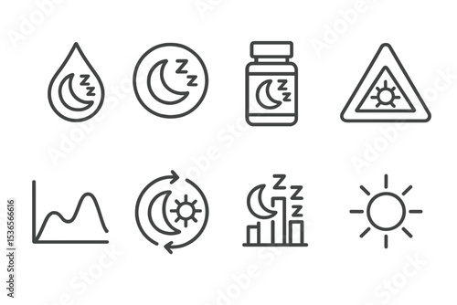 Sleep Health Icons. Line style icons of sleep and health: melatonin level icon, sleep hormone badge, evening supplement chart,