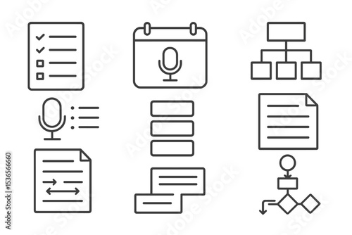 Podcast Planning Icons. Line style icons of sound design and podcasting: episode planner sheet, podcast calendar icon, show