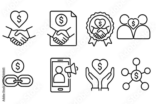 Crowdfunding Icons. Line style icons of crowdfunding and donations: nonprofit partnership icon, joint campaign file, co-branded