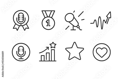 Podcast Icon Line Art. Line style icons of sound design and podcasting: podcast awards badge, top charts medal, spotlight episode