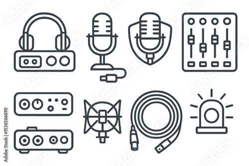 Podcast Gear Icons. Line style icons of sound design and podcasting: podcast gear icon, USB mic symbol, condenser mic badge, mixer