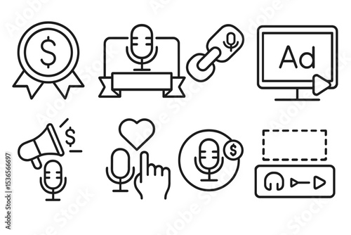 Podcast Monetization Icons. Line style icons of sound design and podcasting: monetization badge, sponsor tag, affiliate link icon,