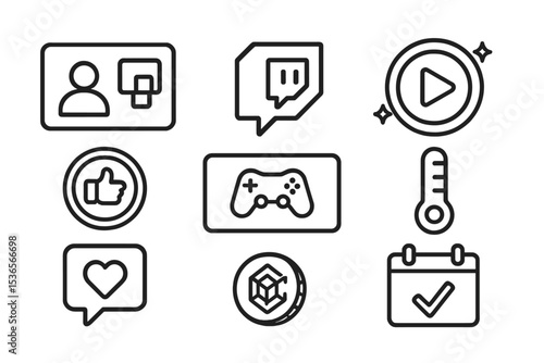 Blockchain Gaming Icons. Line style icons of blockchain gaming (GameFi): streamer overlay icon, Twitch integration tag,
