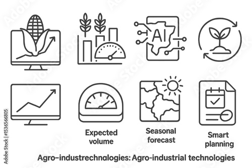 Agro-Tech Icons. Line style icons of agro-industrial technologies: crop yield prediction icon, harvest estimate chart, AI forecast