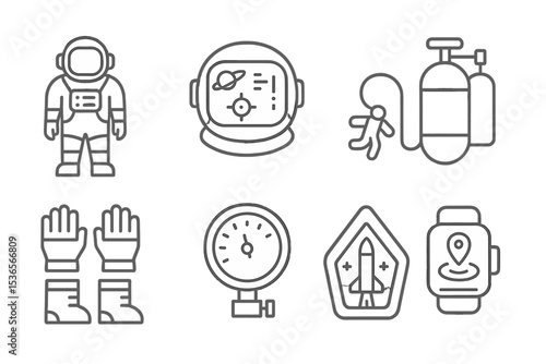 Space Equipment Icons. Line style icons of space research and satellite technologies: astronaut suit icon, helmet HUD screen, EVA
