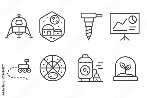 Space Technology Icons. Line style icons of space research and satellite technologies: lunar lander icon, moonbase badge, surface