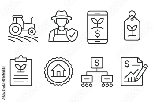 Fintech Agriculture Icons. Line style icons of fintech in developing countries: agricultural fintech icon, farmer subsidy tracker,