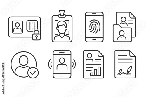 Fintech Line Icons. Line style icons of fintech in developing countries: digital ID for banking icon, facial scan badge,