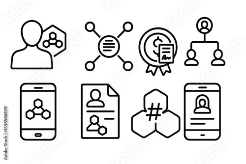 Fintech Icon Set. Line style icons of fintech in developing countries: blockchain identity icon, decentralized credit record,