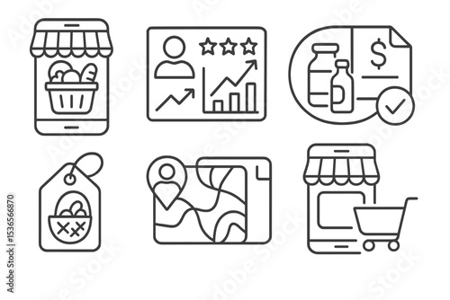 Fintech Icon Set. Line style icons of fintech in developing countries: mobile marketplace icon, vendor rating chart, product