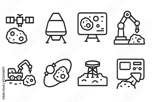 Space Exploration Icons. Line style icons of space research and satellite technologies: asteroid explorer icon, sample return
