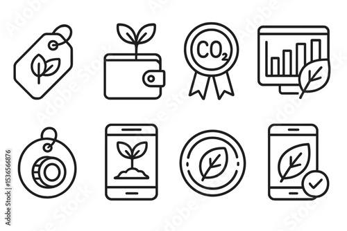 Fintech Eco Icons. Line style icons of fintech in developing countries: environmental credit icon, tree planting wallet, carbon