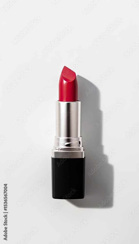 A red lipstick in a silver and black tube on a white background. The lipstick is unbranded and positioned for mockup use with ample copy space. A red lipstick in a silver and black tube on a white background. The lipstick is unbranded and positioned for mockup use with ample copy space.