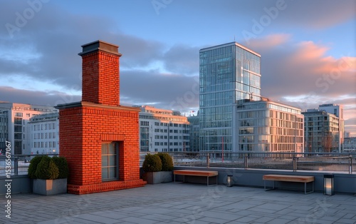 Urban rooftop scene with brick fireplace