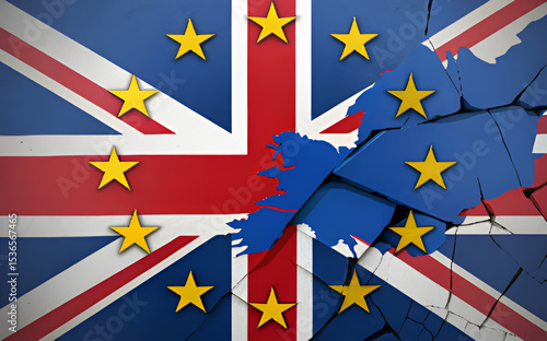 Import tariff policy concept. UK and EU flags merging with cracks symbolizing division.