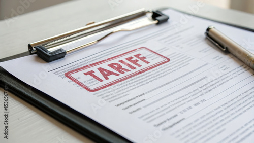 Import tariff policy concept. Document with a stamped tariff label on a clipboard.
