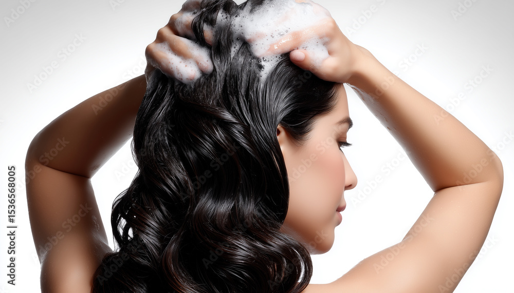 Naklejka premium Luxurious Hair Care Routine - Woman Washing Black Wavy Hair with Shampoo in Studio Close-Up