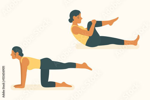 Tabletop stretch and knee hug poses used in pilates and yoga to develop flexibility, joint mobility, and core engagement