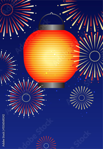 花火と提灯の背景イラスト素材 ベクター お祭り イベント 夏 夜 