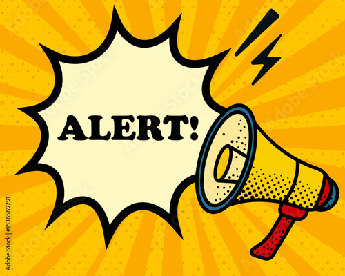 Alert speech bubble. Megaphone, lightning, speech burst, sound lines, pop art style, loudspeaker, public speaking, yellow background, expression, voice, alert, broadcast