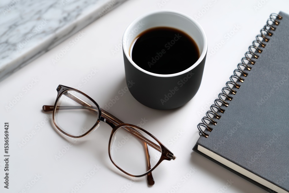 Flat lay of modern office supplies, a notebook, glasses, and coffee on table Flat lay of modern office supplies, a notebook, glasses, and coffee on table