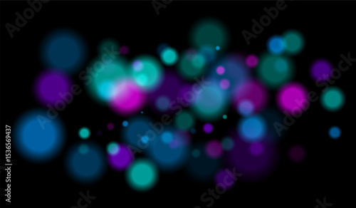 Multicolored blurred bokeh particles with violet, blue, pink hues floating on black background, creating festive or dreamy abstract composition.