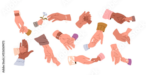 Child and parent hands together, set. Mother and father palms, fingers touching, holding kid, baby, toddler with care, love, support, protection. Flat vector illustration isolated on white background
