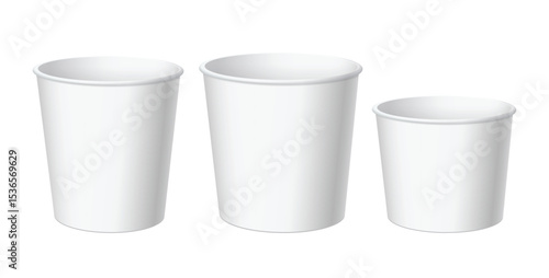 Realistic White Disposable Paper bucket for fast food. Pack for chicken, fries, popcorn..Mock up for brand template. vector illustration.
