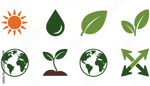 Green eco earth and leaf icons symbolizing natural environmental growth