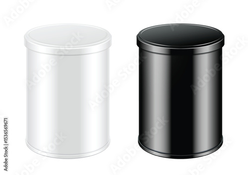 White and black cans with lids. Packing for coffee or loose products. Template For Mock up Your Design. vector illustration.
