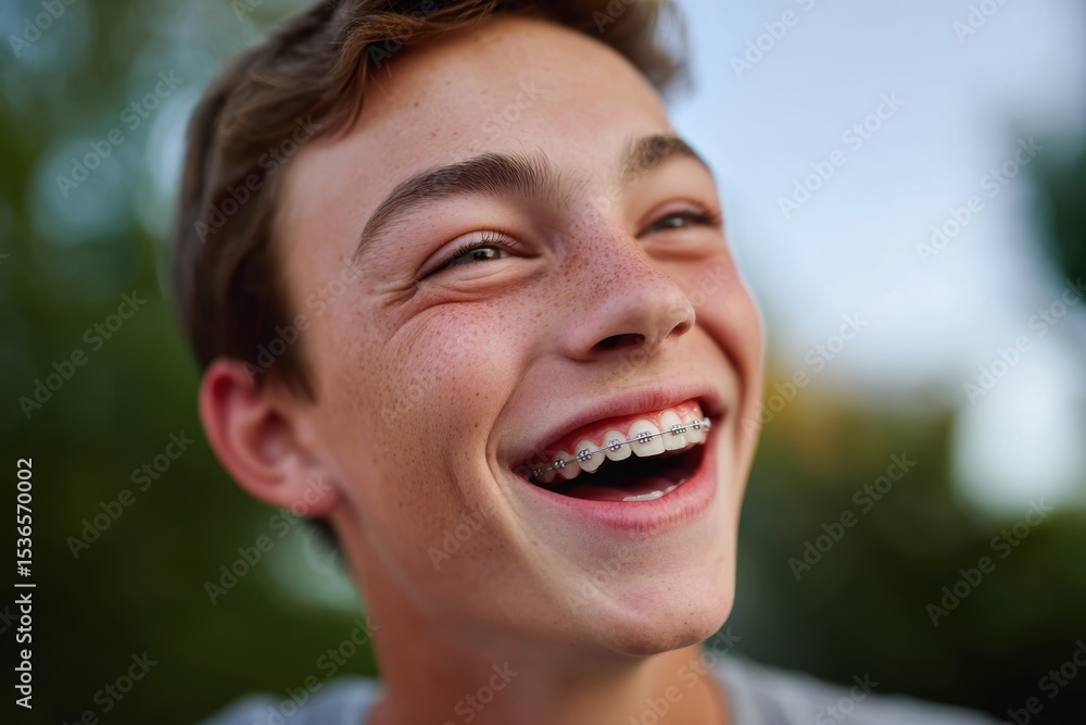 Teen boy with braces laughing in natural light with shallow depth of field Teen boy with braces laughing in natural light with shallow depth of field