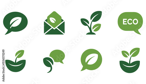 Green eco icon set with leaf and plant symbols for environmental design