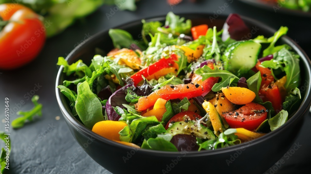 Fresh, Colorful Salad in Black Bowl with Tomatoes, Peppers, and Greens Fresh, Colorful Salad in Black Bowl with Tomatoes, Peppers, and Greens