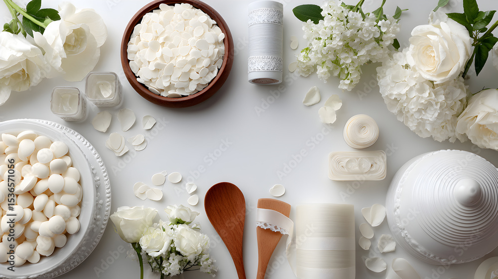 An elegant arrangement of white flowers, rice and kitchenware An elegant arrangement of white flowers, rice and kitchenware