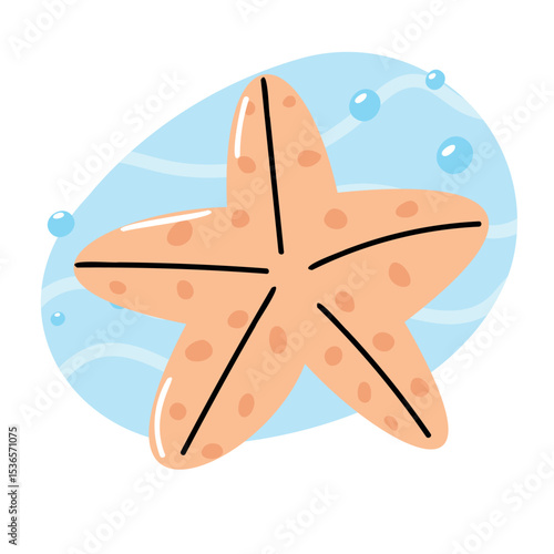 A light orange starfish with brown spots floats in a blue ocean background. Bubbles surround the starfish, creating a serene underwater scene.