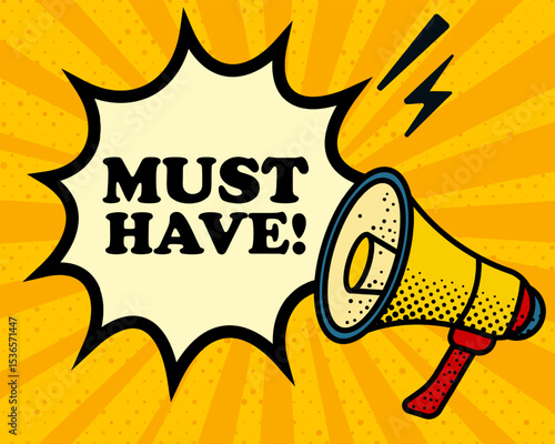 Must have speech bubble. Megaphone, lightning, speech burst, sound lines, pop art style, loudspeaker, public speaking, yellow background, expression, voice, alert, broadcast