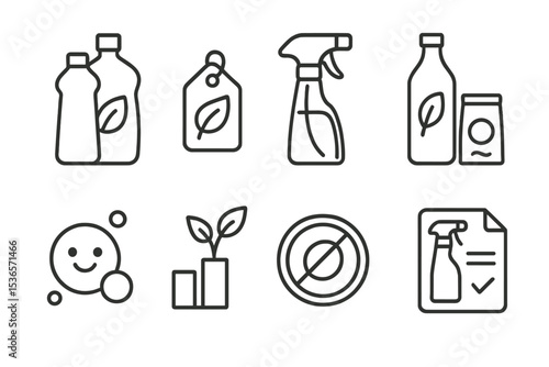 Eco Home Habits Icons. Line style icons of eco home habits: green cleaning products, eco detergent tag, refillable spray bottle,