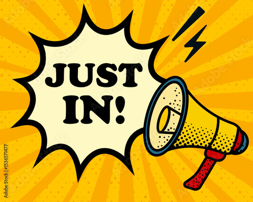 Just in speech bubble. Megaphone, lightning, speech burst, sound lines, pop art style, loudspeaker, public speaking, yellow background, expression, voice, alert, broadcast
