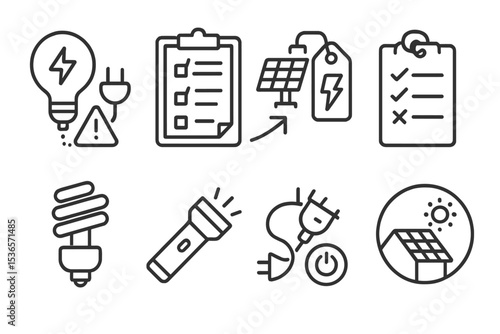 Eco Home Icons. Line style icons of eco home habits: energy blackout plan icon, off-grid setup chart, emergency battery tag, power