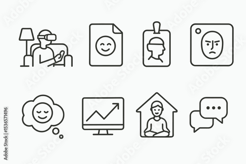Home VR Therapy Icons. Line style icons of AR and VR at home: remote therapy in VR, emotion tracking file, virtual therapist tag,