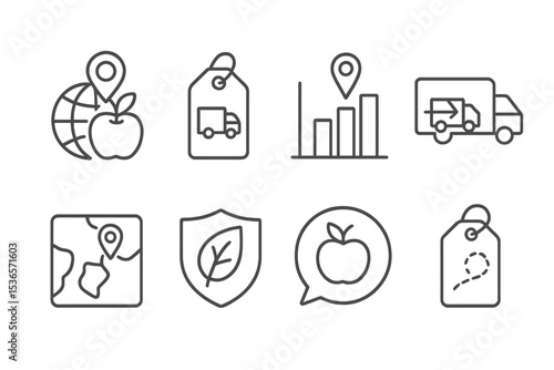 Ethical Consumption Icons. Line style icons of ethical consumption: food miles tracker icon, delivery impact tag, local source