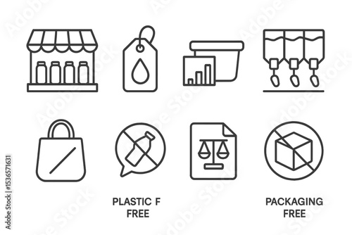 Ethical Consumption Icons. Line style icons of ethical consumption: zero waste store icon, refill station tag, reusable container